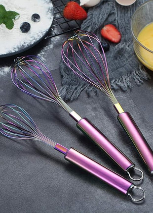 Berglander Rainbow Whisk Pack of 3 Stainless Steel 8",10",12", Titianium Plating Colorful Whisk for Cooking, Beater,Wire Whisk Set Kitchen Wisk (Rainbow)