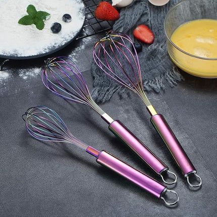 Berglander Rainbow Whisk Pack of 3 Stainless Steel 8",10",12", Titianium Plating Colorful Whisk for Cooking, Beater,Wire Whisk Set Kitchen Wisk (Rainbow)