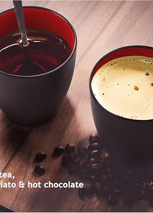 MIAMIO - Set of 6 Stoneware Coffee Mugs 12 Ounce/Cup Set - Le Papillon Collection (Black-Red)