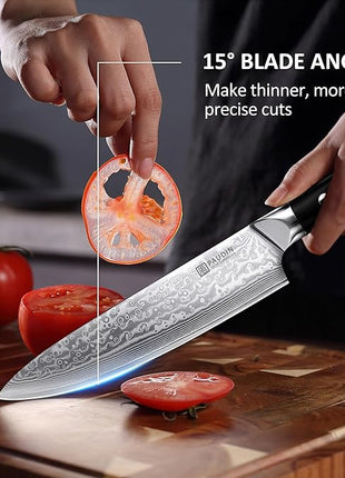 PAUDIN Damascus Knife Set 3 PCS, Japanese VG10 Steel Core, Ultra Sharp Chef Knife Set, Full Tang G10 Handle, Damascus Kitchen Knives