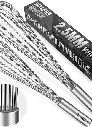 Walfos Whisks Large Whisk Set of 2, Heavy Duty Stainless Steel Wire Whisk Ideal For Beating Eggs, Mixing Batter & Blending Sauces.（13in+17in)