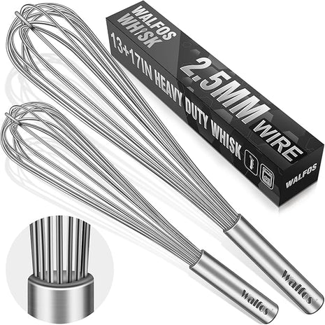 Walfos Whisks Large Whisk Set of 2, Heavy Duty Stainless Steel Wire Whisk Ideal For Beating Eggs, Mixing Batter & Blending Sauces.（13in+17in)