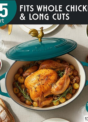 MUELLER HOME 5.5 Quart Enameled Cast Iron Oval Dutch Oven with Rooster Knob and Cotton Potholders, Heavy-Duty Cookware, Oven-Safe up to 500° F & Across All Cooktops, Thanksgiving Essentials, Emerald