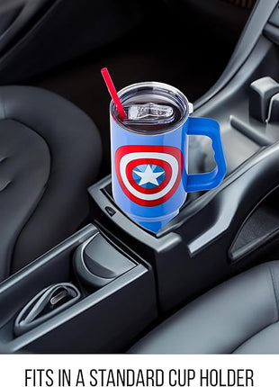Silver Buffalo Marvel Captain America Shield Stainless Steel Tumbler with Handle and Straw, Fits in Standard Cup Holder, 40 Ounces