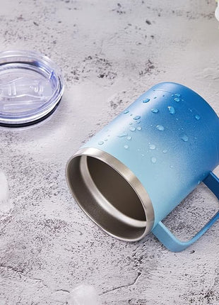MEWAY 12oz Coffee Mug With Handle 2 Pack Bulk,Stainless Steel Insulated Travel Tumblers With Sliding Lid,Double Wall Vacuum Camping Cup for Hot & Cold Drinks Tea (Bubble Gum&Blue Waves,Set of 2)