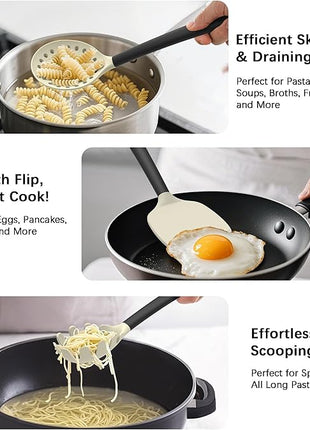 Coukre Silicone Kitchen Cooking Utensils Set with Holder – Heat-Resistant, Food-Grade Kitchen Tools, Spatula, Spoon & Gadgets for Non-Stick Pans, Dishwasher Safe (14, Beige)