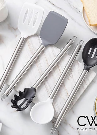 COOK WITH COLOR Silicone Cooking Utensils, Kitchen Utensil Set, Easy to Clean Silicone Kitchen Utensils, Cooking Utensils for Nonstick Cookware, Kitchen Gadgets Set, 5 Pieces, Black/White