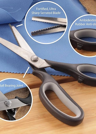 BambooMN Titanium Softgrip Scissors Set - Pinking, Sewing, Arts, Crafts, Office - 1 Set of 4 - Black w/Grey Inlays