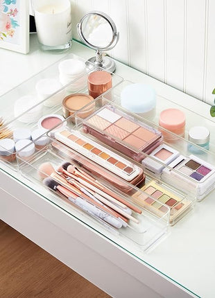 STORi SimpleSort 6-Piece Stackable Clear Drawer Organizer Set | 12" x 3" x 2" Rectangle Trays | Narrow Makeup Vanity Storage Bins and Office Desk Drawer Dividers | Made in USA