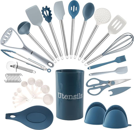 COOK WITH COLOR Silicone Cooking Utensils, Kitchen Utensil Set, Easy to Clean Silicone Kitchen Utensils, Cooking Utensils for Nonstick Cookware, Kitchen Gadgets Set, 38 Piece, Blue and White