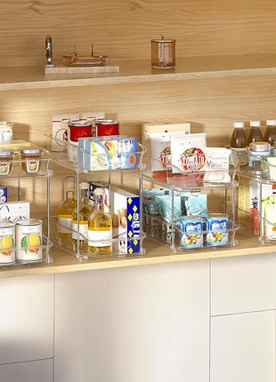 Delamu 2-Tier Under Sink Organizers and Storage, Multi-Purpose Stackable Bathroom Cabinet Organizers, Pull Out Kitchen Pantry Organization and Storage with Dividers(4 Pack, Clear)