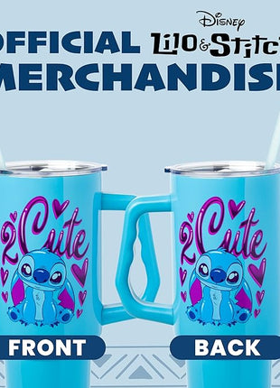 Silver Buffalo Disney Lilo and Stitch “2 Cute” Stainless Steel Tumbler with Handle, Fits in Standard Cup Holder, 40 Ounces (Pack of 12)