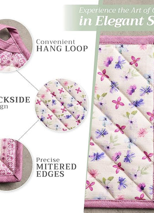 Maison d' Hermine 100% Cotton Oven Mitt & Pot Holder Set (7.5"x13" & 8"x8") Heat Resistant BBQ Cooking Gloves with Loop, Baking, Grilling, Kitchen, Handling Hot Pans Spring/Summer (Chardon)