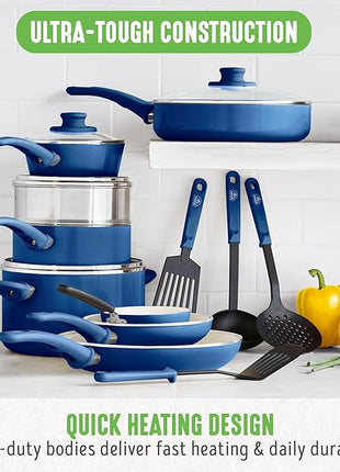 GreenLife 16 Piece Nonstick Cookware Set, Soft Grip Non-Toxic PFAS-Free Ceramic Pots & Pans, Dishwasher & Oven Safe, Frying, Sauce, Saute, Utensils, Glass Lids, Stay-Cool Handles, Wobble Free, Blue
