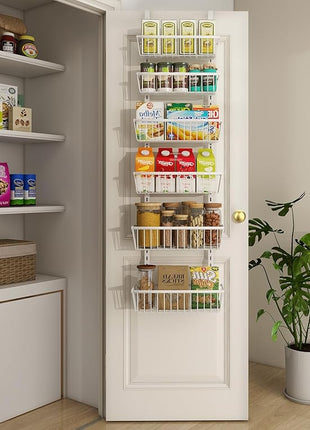 12 Inch Wide Narrow Over The Door Pantry Organizer, Pantry Organization and Storage, 6-Tier Metal Hanging Deep Basket Wall Spice Rack Seasoning Shelves, Home & Kitchen Essentials, White