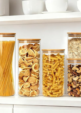 Airtight Glass Jars with Bamboo Lids, Glass Food Storage Containers Set - Set of 5 Kitchen Canisters for Sugar, Candy, Cookie, Rice and Spice Jars