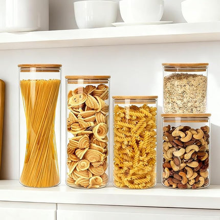 Airtight Glass Jars with Bamboo Lids, Glass Food Storage Containers Set - Set of 5 Kitchen Canisters for Sugar, Candy, Cookie, Rice and Spice Jars