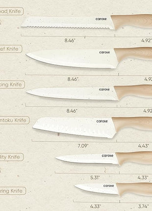 CAROTE 12PCS Knife set with Blade Guards,Granite Nonstick Ceramic Coating,Stainless Steel blade, Wood Grain Handle, Essential knife set,White