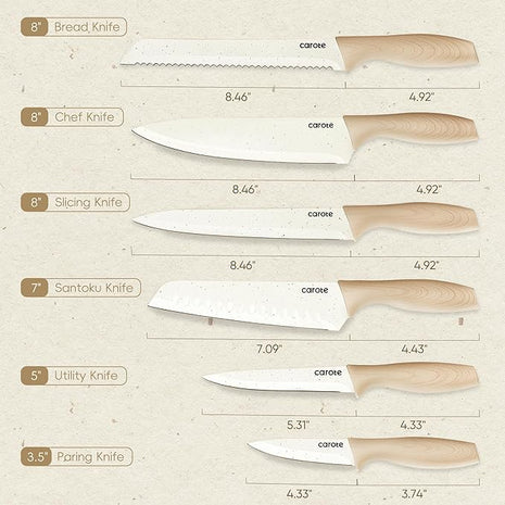 CAROTE 12PCS Knife set with Blade Guards,Granite Nonstick Ceramic Coating,Stainless Steel blade, Wood Grain Handle, Essential knife set,White