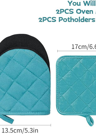 Oven Mitts and Pot Holders Set, Pack of 4, Heat Resistant Silicone Kitchen Mini Oven Mittens for 500 Degrees, Mini Oven Gloves and Hot Pads for Baking Grilling Barbecue Microwave Machine Washable