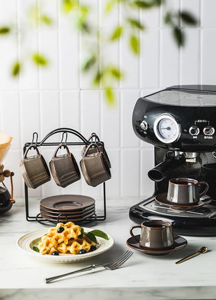 YHOSSEUN Espresso Cups 4 Oz, Porcelain Coffee Cups Set of 6 Espresso Cup with Saucers, Meatal Stand, and Stir Spoons, Brown Expresso Shots Cup