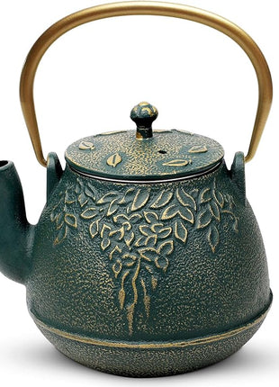 Tea Kettle, TOPTIER Japanese Cast Iron Teapot with Infuser, Leaf Design Cast Iron Tea Pot Stovetop Safe Coated with Enameled Interior for 40 Ounce (1200 ml), Dark Green
