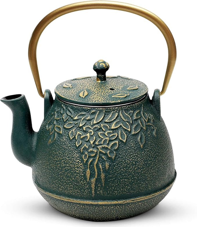 TOPTIER Japanese Cast Iron Tea Kettle with Infuser, Leaf Design Teapot Stovetop Safe Coated with Enameled Interior for 32 Ounce (950 ml), Dark Green