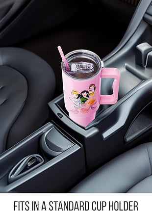 Silver Buffalo Disney Princess Featuring Cinderella, Mulan, Belle, Ariel, Tiana, and Jasmine Stainless Steel Tumbler with Handle and Straw, Fits in Standard Cup Holder, 40 Ounces