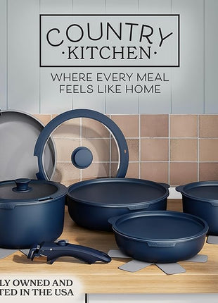 Country Kitchen Cookware Set with Removable Handle, Oven & RV Safe Pots and Pans Set, Denim, Original