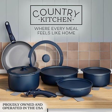 Country Kitchen Cookware Set with Removable Handle, Oven & RV Safe Pots and Pans Set, Denim, Original