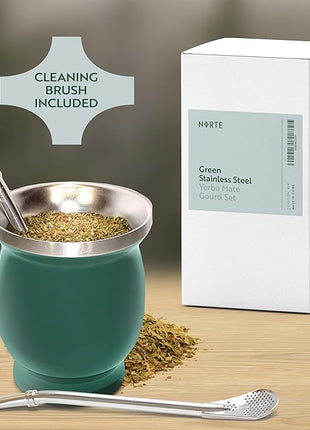 Norte Yerba Mate Cup Kit, 8-Ounces Traditional Mate Tea Cup/Gourd Set | Includes 2 Bombillas (Yerba Mate Straw) & Cleaning Brush, Stainless Steel Cup, Double-Walled, Easy to Clean | Green