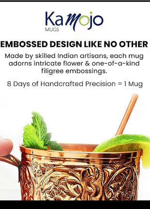 Copper Cups Set of 2 with Unique Handcrafted Embossed Design with Anti-Tarnish Food-Grade Coating - Moscow Mule Copper Mugs Gift Set with 2 Straws & Recipe E-Book, 16 oz