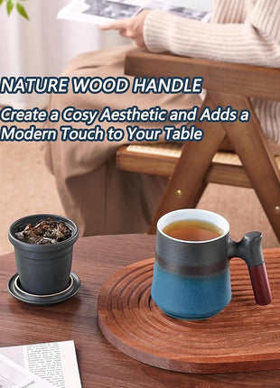 ZENS Gradient Blue Tea Cup with Infuser and Lid, 14.5oz Wood Handle Tea Mug, Loose Leaf Tea Steeper & Strainer, Tea Lovers Gifts