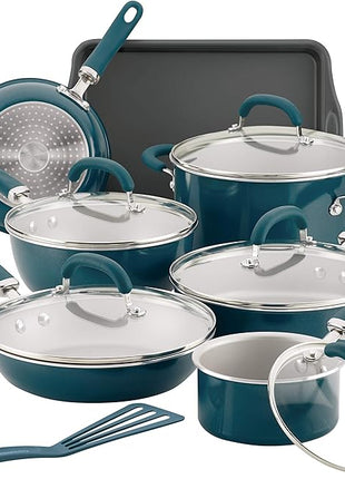 Rachael Ray Create Delicious Nonstick Cookware Pots and Pans Set, 13 Piece, Teal Shimmer