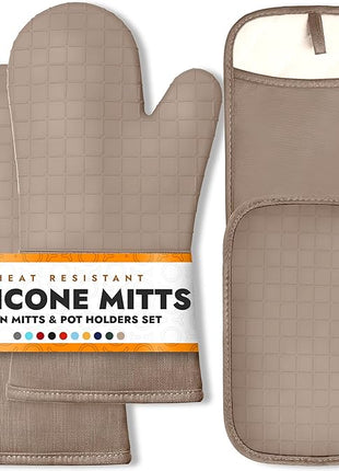 HOMWE Silicone Oven Mitts and Pot Holders, 4-Piece Set, Heavy Duty Cooking Gloves, Kitchen Counter Safe Trivet Mats, Advanced Heat Resistance (Beige, Oven Mitt & Pot Holder)