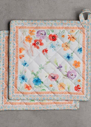 Maison d' Hermine Pot Holders Set 100% Cotton Heat Resistant Potholders 8" x 8" Hot Pads with Loop BBQ, Cooking, Baking, Grilling, Kitchen, Handling Hot Pans Spring/Summer (Pack of 2, Summer Whisper)
