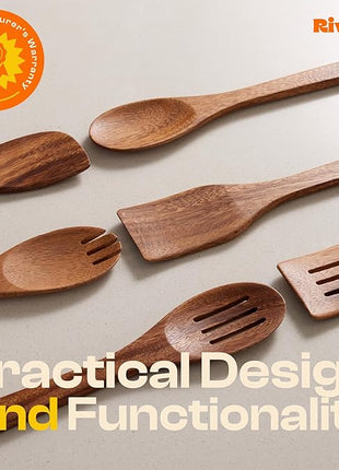 Riveira Walnut Wooden Spoons for Cooking Set of 6 – Natural Walnut Wooden Cooking Utensils, Spatula, Spoon - Premium Quality Utensil Set for Non-Toxic Cooking