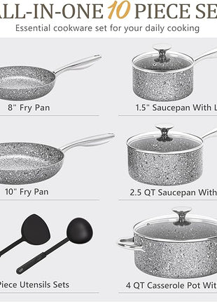 MICHELANGELO Pots and Pans Set 10 Piece, Cookware Set with Granite Coatings for Super Nonstick Result Essential Stone Cookware Sets with Utensil Set, Induction Compatible, PFOA Free
