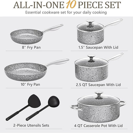 MICHELANGELO Pots and Pans Set 10 Piece, Cookware Set with Granite Coatings for Super Nonstick Result Essential Stone Cookware Sets with Utensil Set, Induction Compatible, PFOA Free