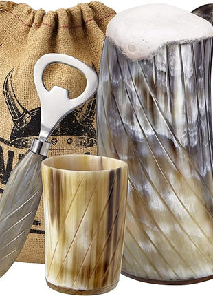 Viking Culture Ox Horn Mug, Shot Glass, and Bottle Opener (3 Pc. Set) Authentic 16-oz. Ale, Mead, and Beer Tankard | Vintage Stein with Handle | Polished Finish | Diagonal Stripes