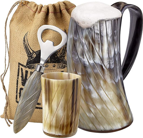 Viking Culture Ox Horn Mug, Shot Glass, and Bottle Opener (3 Pc. Set) Authentic 16-oz. Ale, Mead, and Beer Tankard | Vintage Stein with Handle | Polished Finish | Diagonal Stripes