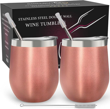 CHILLOUT LIFE 12 oz Stainless Steel Wine Tumblers 2 Pack - Double Wall Vacuum Insulated Wine Glasses Cups with Lids and Straws Set Keeping Cold & Hot for Coffee, Beer, Ice Cream - Rose Gold