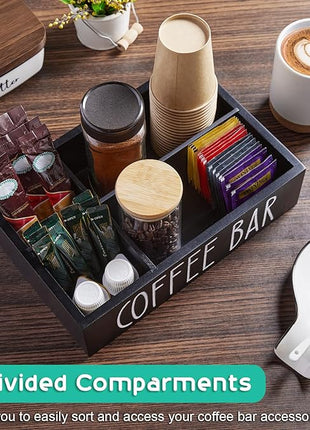ALEION Coffee Station Organizer - Wood Countertop Accessories Organizer with Removable Dividers for Pods Condiment Syrup Tea Cups Stirrers - for Farmhouse Coffee Bar Decor