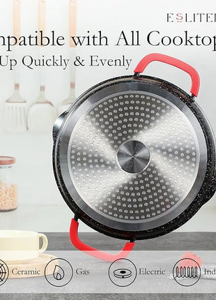 ESLITE LIFE Nonstick Grill Pan for Indoor Cooking, Versatile Induction Square Large Grilling Skillet Steak Pan for Stove Tops, PTFE & PFOA Free (Black, 11" w/Round & Lid & Tongs)