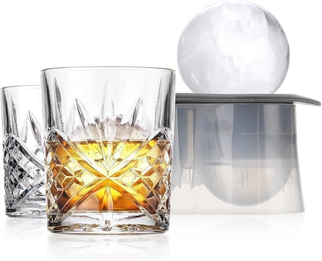 Godinger Old Fashioned Whiskey Glasses with Bonus Sphere Ice Ball Maker Ice Molds, Whiskey Drinking Glasses Set of 2, Rocks Glasses, Gifts for Men - Dublin Collection, Set of 2