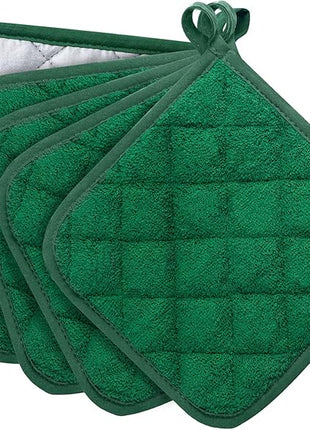 100% Cotton Kitchen Everyday Basic Terry Pot Holder Heat Resistant Coaster Potholder for Cooking and Baking Set of 5 Dark Green