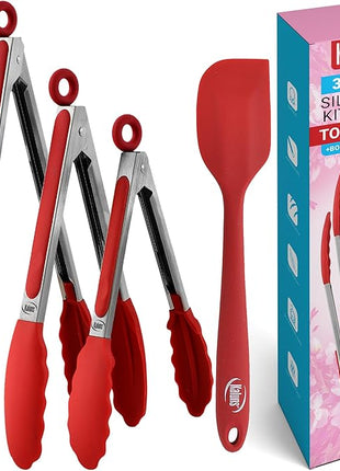 Kaluns Kitchen Tongs for Cooking Grilling Set of 4, BBQ Grill Tongs With Silicone Tip Stainless Steel Heat Resistant, Non-stick Pull Lock, Incl 7, 9, 12 Inch Tong Plus a Silicone Spatula