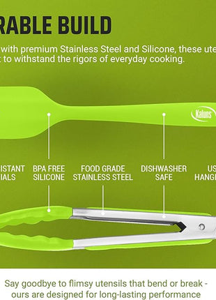 Kaluns Kitchen Tongs for Cooking Grilling Set of 4, BBQ Grill Tongs With Silicone Tip Stainless Steel Heat Resistant, Non-stick Pull Lock, Incl 7, 9, 12 Inch Tong Plus a Silicone Spatula