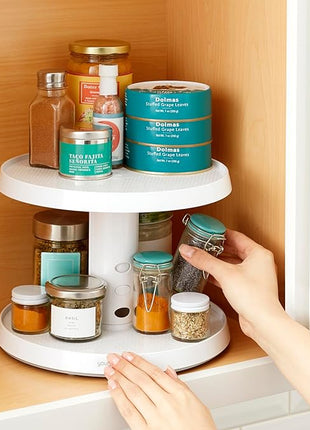 YouCopia Crazy Susan Two-Tier Turntable, Height-Adjustable Lazy Susan Organizer for Kitchen Cabinet and Pantry Organization and Storage, White