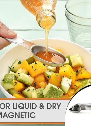 Spring Chef White Stainless Steel Magnetic Measuring Spoons Set of 8 with Leveler, Dual Sided Metal Teaspoon & Tablespoon Measuring Spoons, Fits in Spice Jars, Kitchen Gadgets for Baking & Cooking